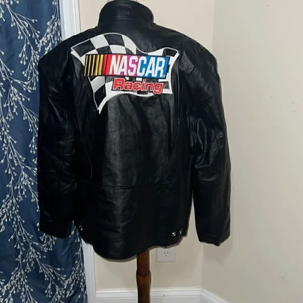 NASCAR Nextel Black Leather Bomber Jacket Coat Vintage RARE Embroidered sz Large